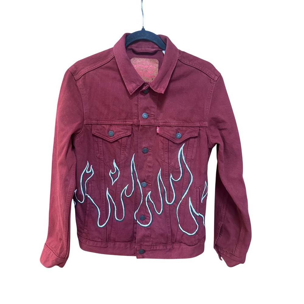 Levis Custom Hand Painted Flame Devil Girl Denim Trucker Jacket Burgundy Red S